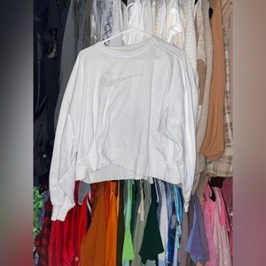 cropped white nike sweatshirt with fuzzy swoosh